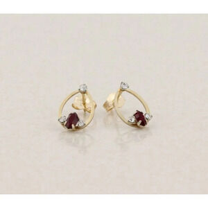 14k Yellow Gold Red & White Cubic Zirconia Earrings Stud Post